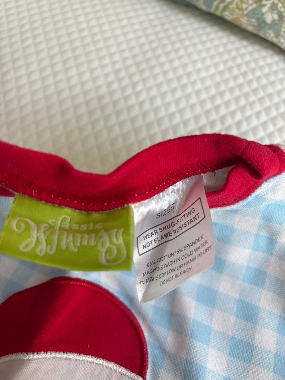 Classic Whimsy Light Blue Gingham Kids Santa Pajama Set with Red Trim - Picture 3 of 4